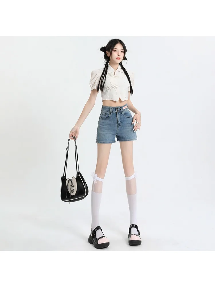 여성용 캐주얼 레트로 데님 반바지, 하이웨이스트 디자인 센스, 작은 A라인 와이드, 편안한 핫팬츠, 얇은 새로운 스타일, 여름