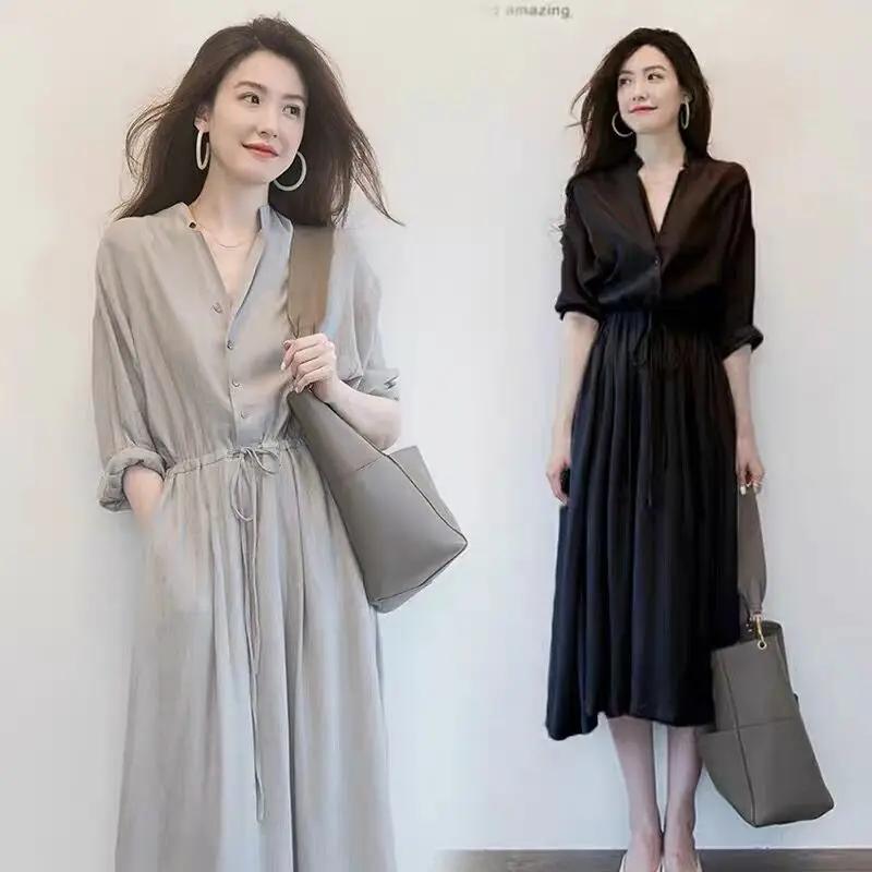 

Women Dresses Casual Fashion Solid Dress Grace Half Sleeved Button Lace Up Loose Dress