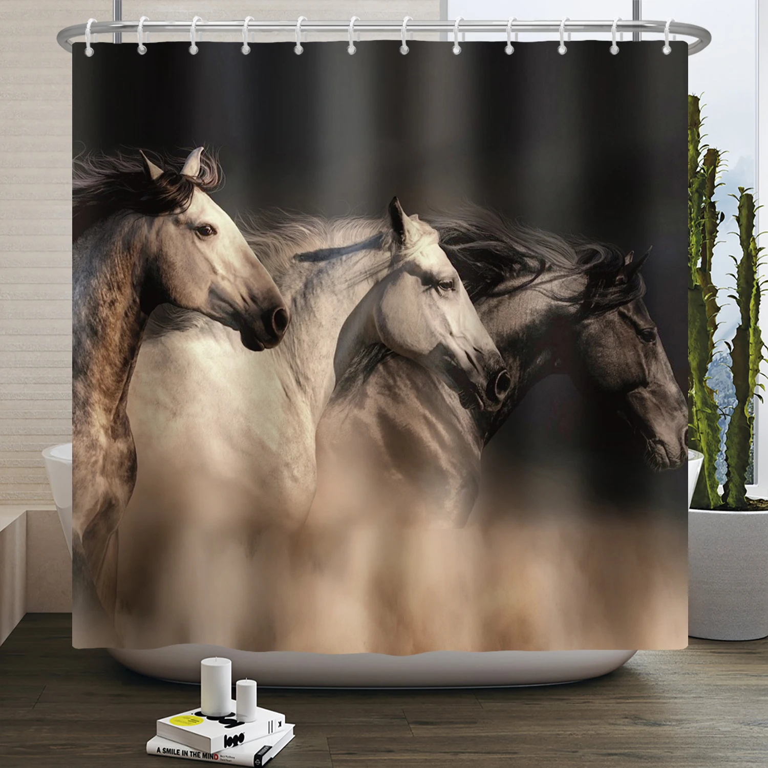 Western Cowboy Shower Curtain - Desert Horse Riding Scene, 60x70 Inches, 12 Hooks Included