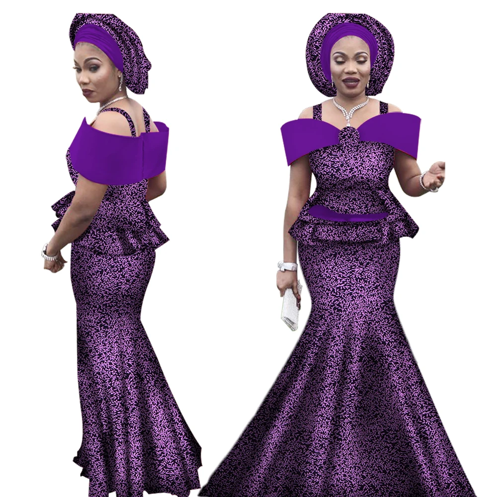 African Outfits with Headtie for Women Dashiki Bazin Print Strap Tops and Long Skirts Women Set African Clothing WY3113