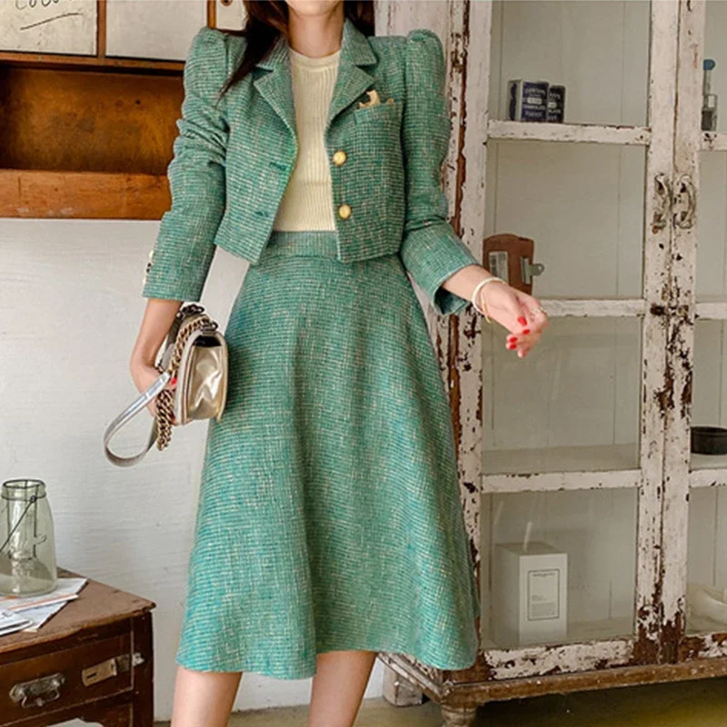 

Fashion Women Office Outfit Stripe Vintage Lady Single Breasted Short Blazer Coat Suit Jacket High Waist Midi Skirt 2 Piece Sets