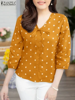 ZANZEA 2025 Summer Polka Dot Bohemian Blouse Fashion 3/4 Puff Sleeve Shirts Casual Loose Lace Up Tops Tunics Blusas Femininas 1