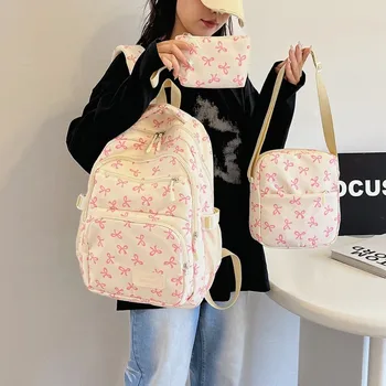 3 Pcs/Set Cute Large Capacity Bow Backpack Bow Print Nylon School Bag Adjustable Strap Travel Backpack 1