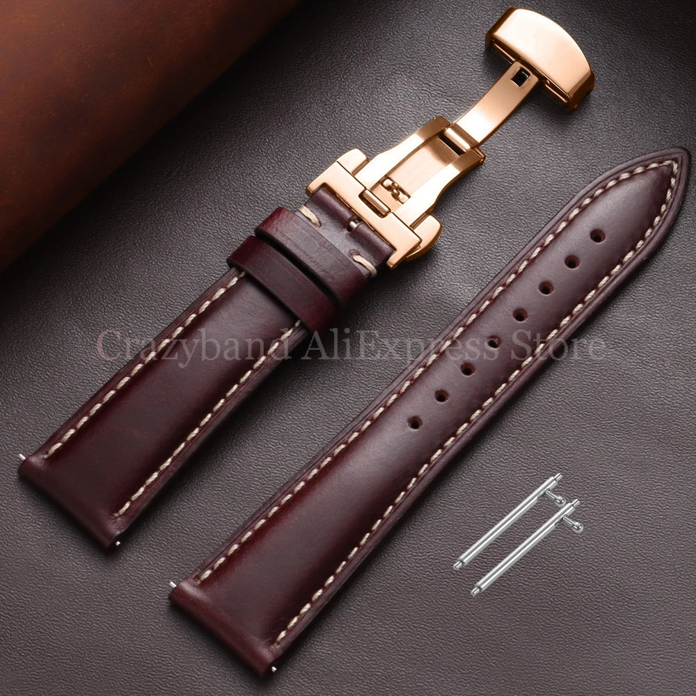 Premium Oil Wax Discoloration Calf Leather Watch Strap with Butterfly Buckle