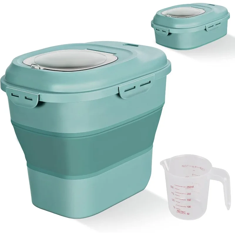 Cereal Rice Food Storage Containers, Collapsible 20 to 50 Lbs Dispenser Bin with Rolling Wheel Airtight Locking Lid,