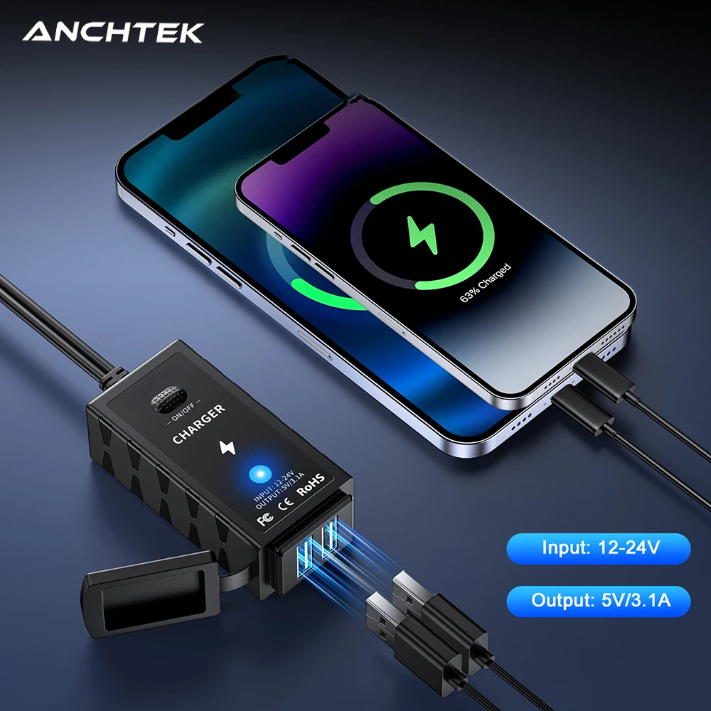 

Anchtek 3.1A Motorcycle USB Charger with Switch and 1.5M Cable Waterproof Direct to Battery Charger Motrocycle Accessories