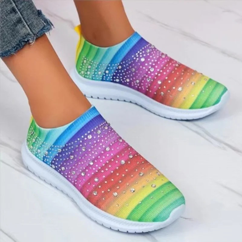 Sneakers Women Vulcanized Shoes Trainers Knitted Sneakers Ladies Sport Sock Shoes Sparkly Crystal Zapatillas Mujer Casual Shoes