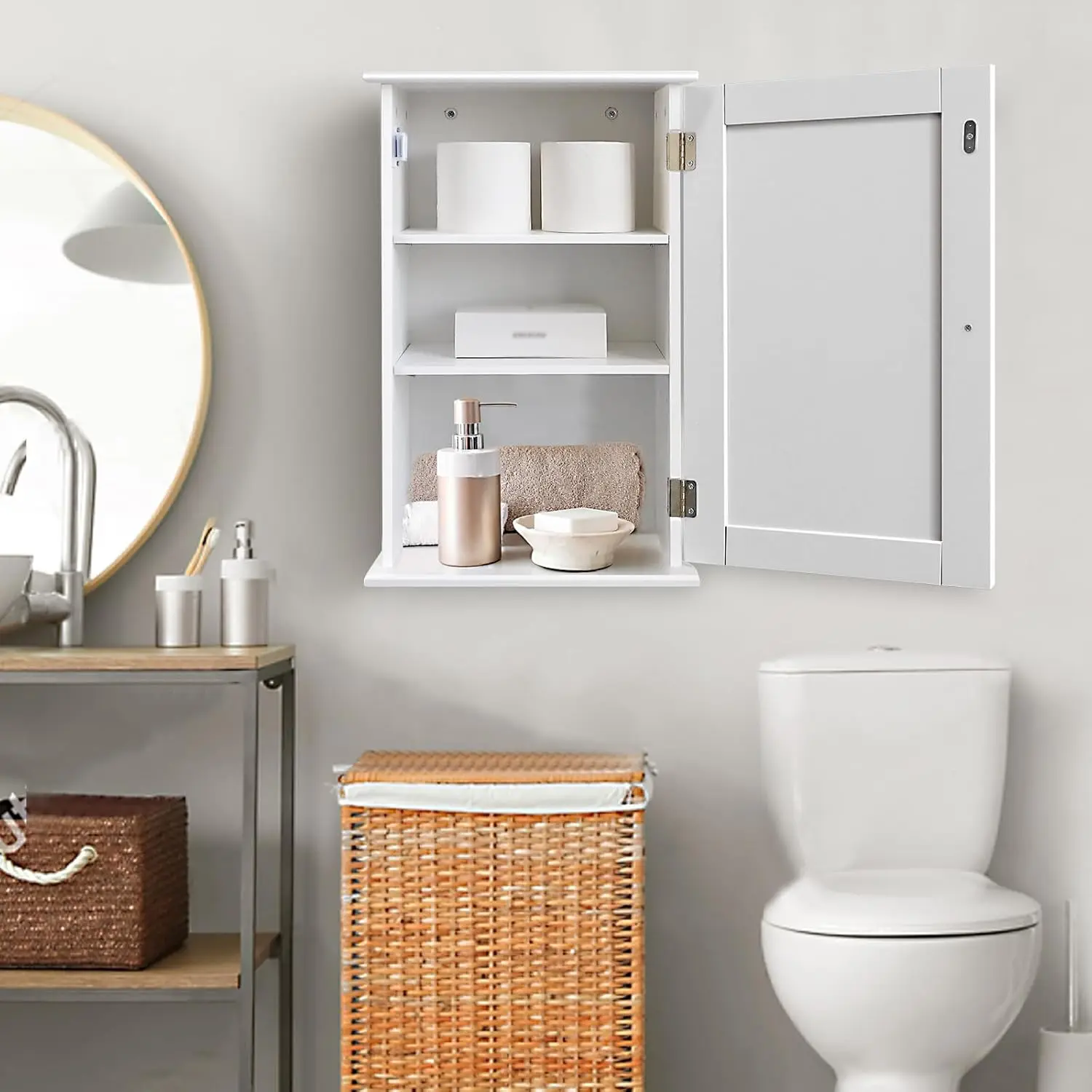 BRIEFNESS Bathroom Cabinet Single Door Wall Mounted Bathroom Cabinet Wall Cabin et Medicine Cabinet Adjustable Shelves White