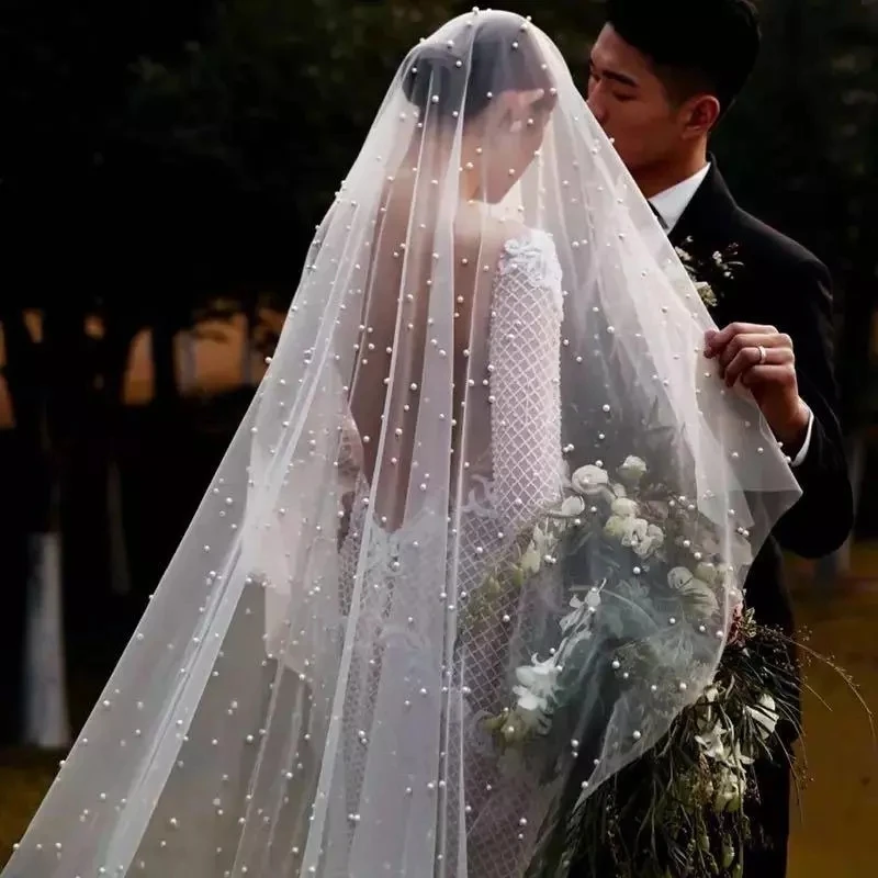 2 Tiers White/Ivory/Champagne Long Bridal Veil One Layer Blusher Veil With Pearls Velos de Noiva Wedding Beads Veil 3Meter topqueen va06 face veil russian tulle cage veil with rhinestones simple detachable blusher veil pearls birdcage veil on the face