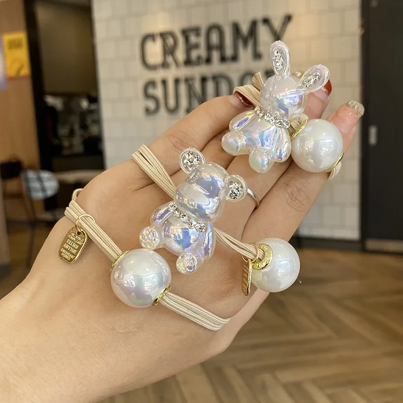 

New Little Bear Hair Rope Sweet Rabbit Head Rope Colorful Pearl Leather Headband Hair Accessories For Girls Hair Ties