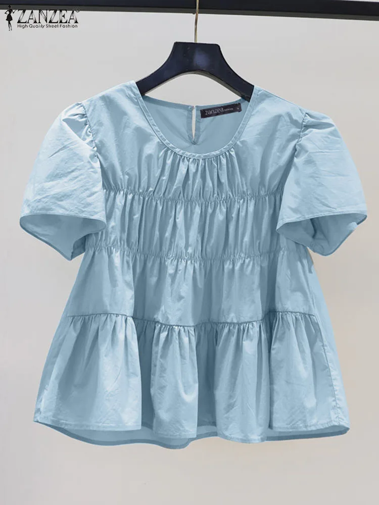 

Летняя Элегантная блузка ZANZEA с коротким рукавом, женские модные топы, туника, однотонные плиссированные блузы, Повседневная рубашка с круглым вырезом, свободная рубашка 2024