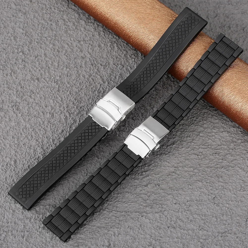 

Classical Black Silica Gel Watch Strap 20/22mm Folding Buckle Men's Watchband Silicone Replacement Bracelet Two Style Watch Band