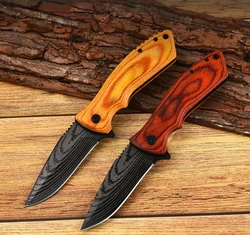 Couteau pliant tactique polyvalent pour l'extérieur, manche en bois, Camping, survie, sécurité, défense, outil de poche EDC 