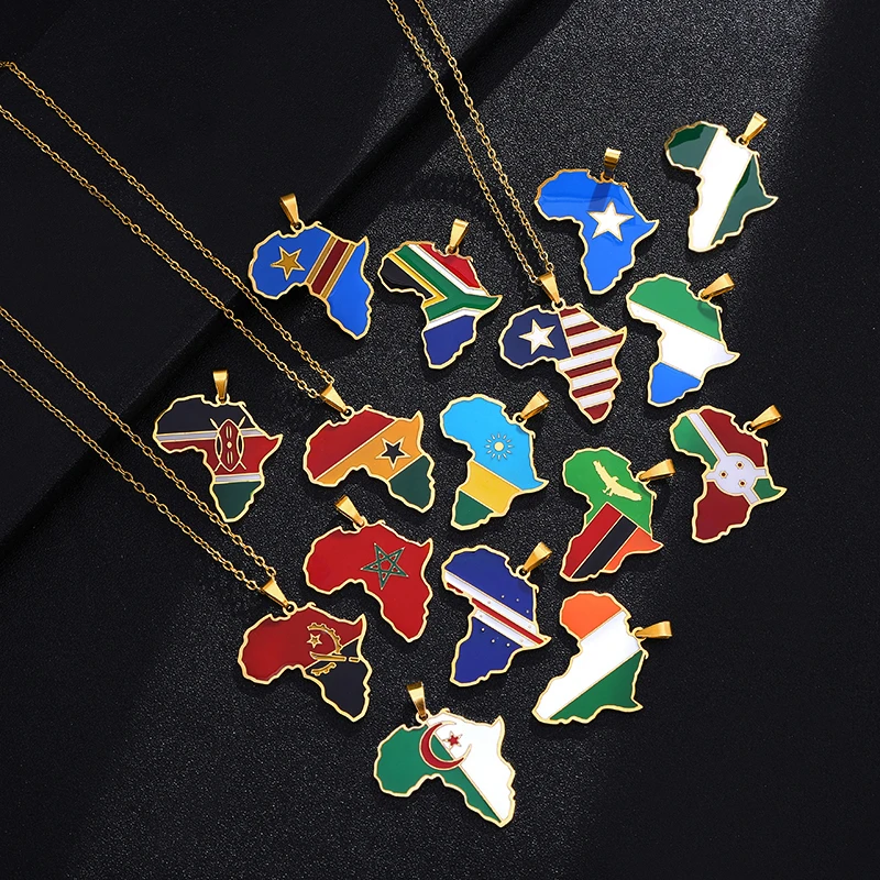 Africa map flag pendant necklace gold color stainless steel ghana nigeria congo somalia angola liberia african