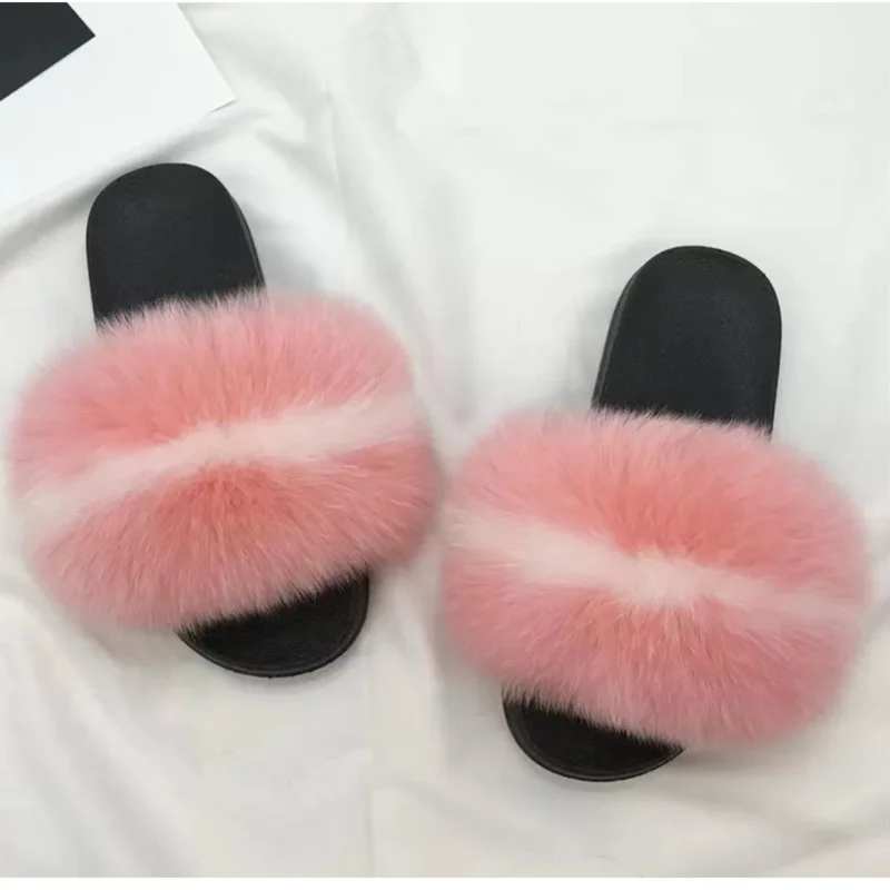 

Women's Fur Slippers Real Fox Fur Fluffy Slippers Fashion Plush Fur Shoes EVA Flip Sliders Luxury Sandals Furry Flats Slides