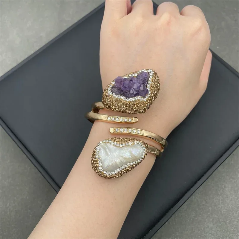 Natural Amethyst Baroque Freshwater Pearl Cuff Bracelet Turkish Crystal Quartz Exquisite Women's Banquet Jewelry Accessories