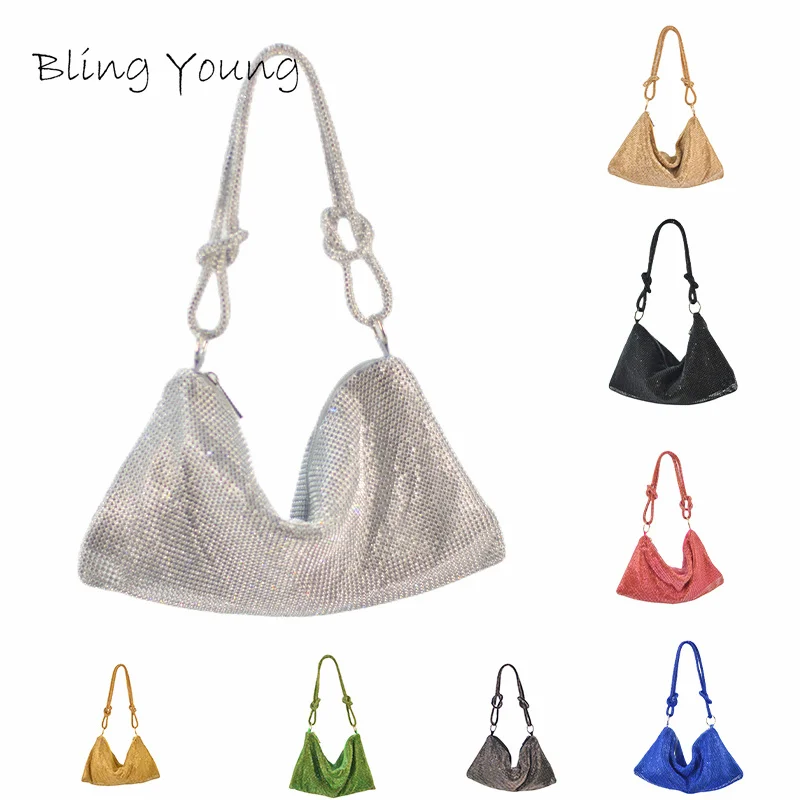 

Silver Rhinestone Evening Bag For Woman Luxury Famous Brand Fold Shoulder Knot Crossbody Tote Purse and Handbag Designer