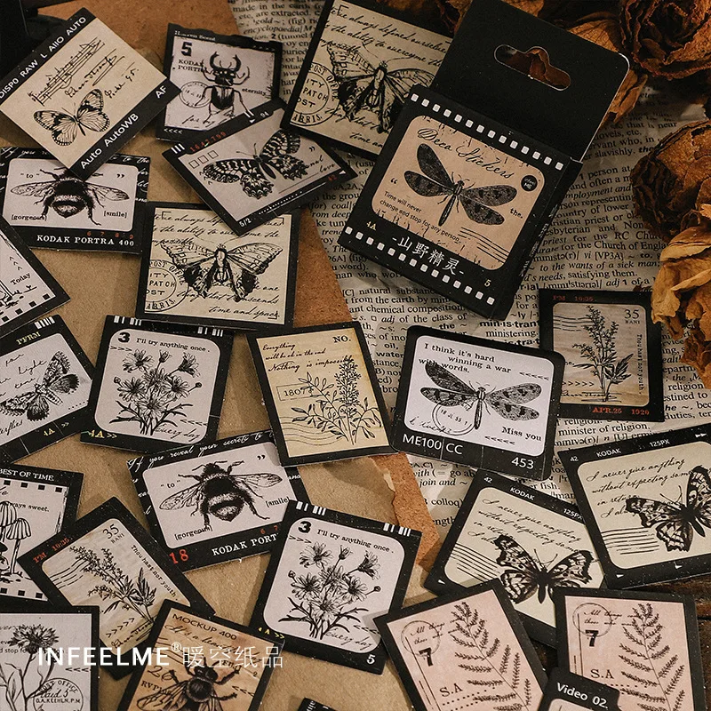 46개/박스 빈티지 미니 박스 스티커 DIY 스크랩북킹 데코 저널링 콜라주 사진앨범 씰링 스티커 문구류