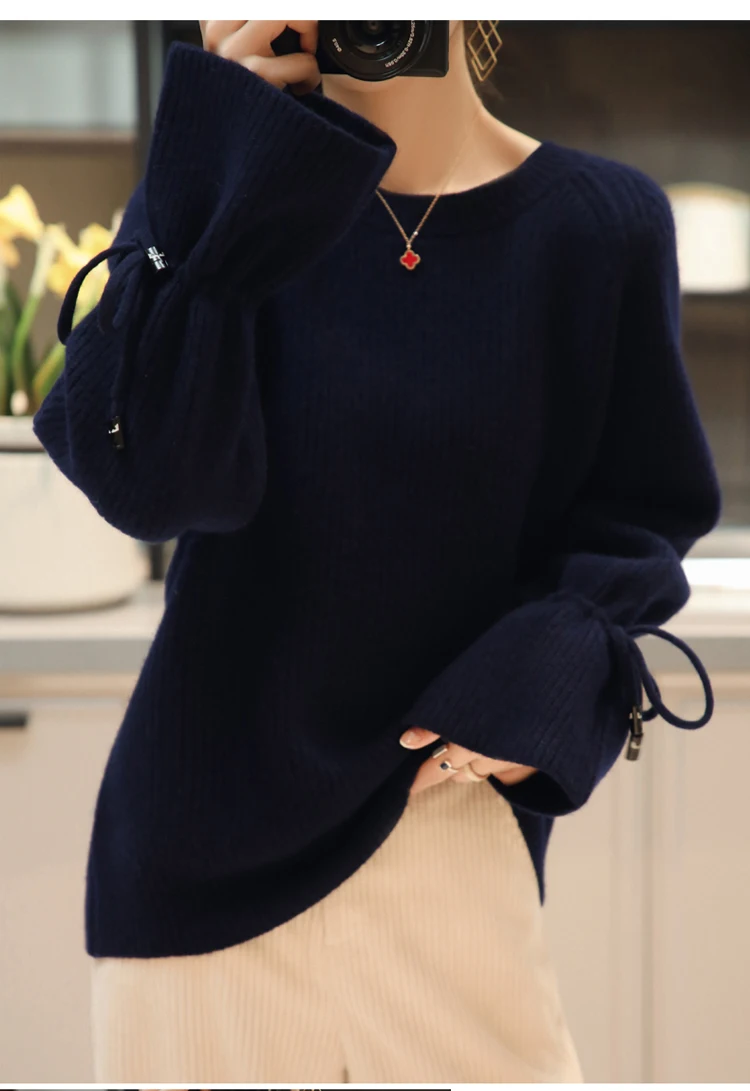 Casual Premium 100% Wool Cashmere Sweater Solid Color O Neck Knit Ladies Pullover Wool Sweater New Hot Sale autumn and winter