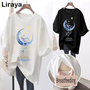 Pregnant Women T Shirt Maternity Summer Short Sleeve Side Button Crew Neck Tees Solid Color Nursing Tops For Breastfeeding 2024