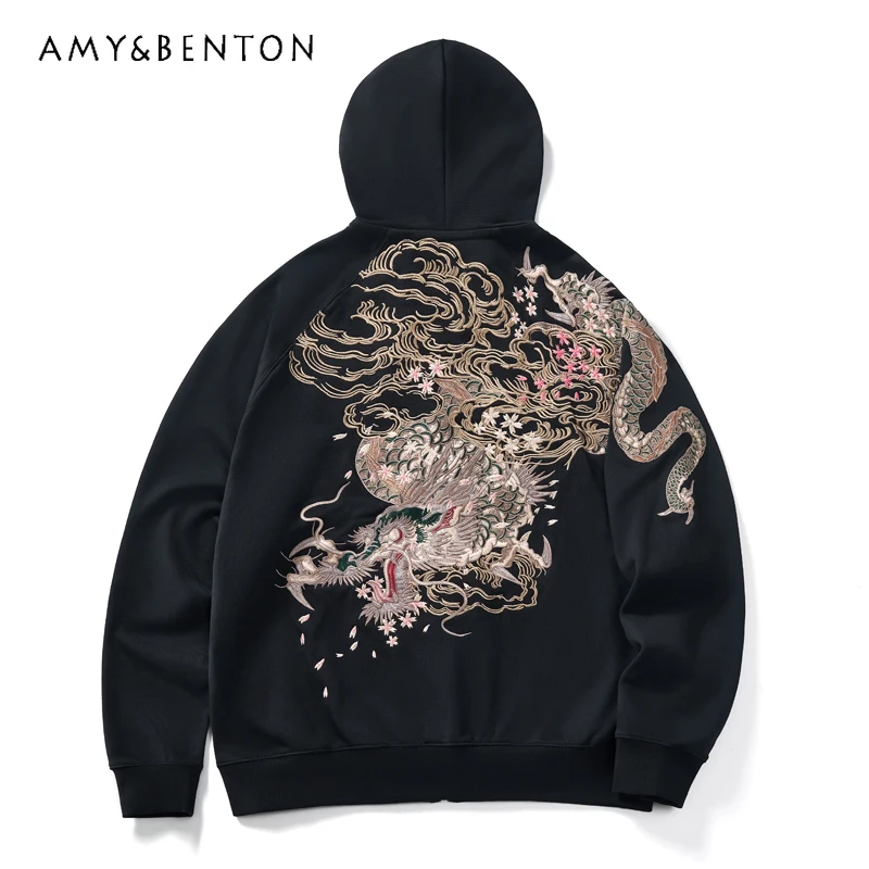 

Тяжелая промышленность вышивка дракона мужской кардиган с капюшоном Свитшот пальто в национальном китайском стиле Молодежная вышивка осень