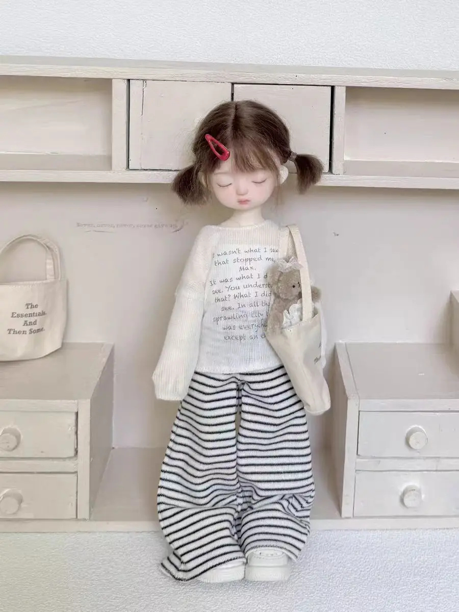 BJD (1/6 BJD Doll Clothes) Baby Clothes Leisure Walking Set Cover dress Striped Long Pants Cloth Bag--Trendy Doll Outfit