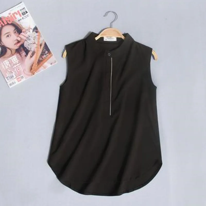  2503 여성상의와 블라우스 민소매 셔츠 여성 여름 얇은 조끼 풀오버 버튼 기본 탑 시폰 레드 화이트 블랙 폴로 넥