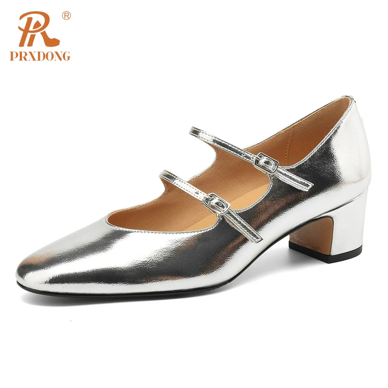 

PRXDONG New Classics Mary Janes Shoes Woman Pumps Genuine Leather Med Square Heels Black Gold Silver Dress Party Female Shoes