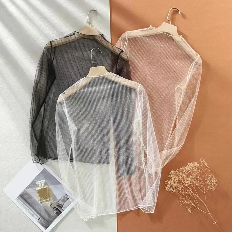 

Women Long Sleeve Top Sexy Lace Mesh T-shirts Summer Sunscreen Pullover Female Loose See Through Tunic Tops Bottoming Shirts
