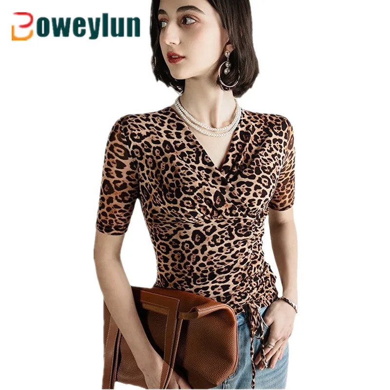 

Boweylun Mesh Cross V-Neck Half Sleeve T-Shirt Women Summer Leopard Print Skin-friendly Breathable Mid Sleeve Tops Ladies