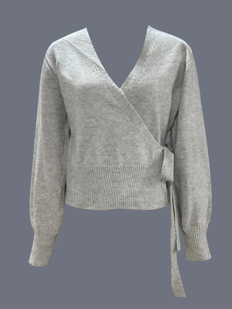 Autumn and Winter New Fashion Women's V-neck Lace-up Long-sleeved Sweater Elegant Solid Color Waist Lantern Sleeve Knitwear Top