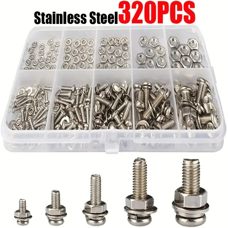 320pcs 304 Stainless Steel Hex Nut and Bolt Set M2-M5 Screws Metic Nuts Metal Fasteners for DIY and Home Repairs