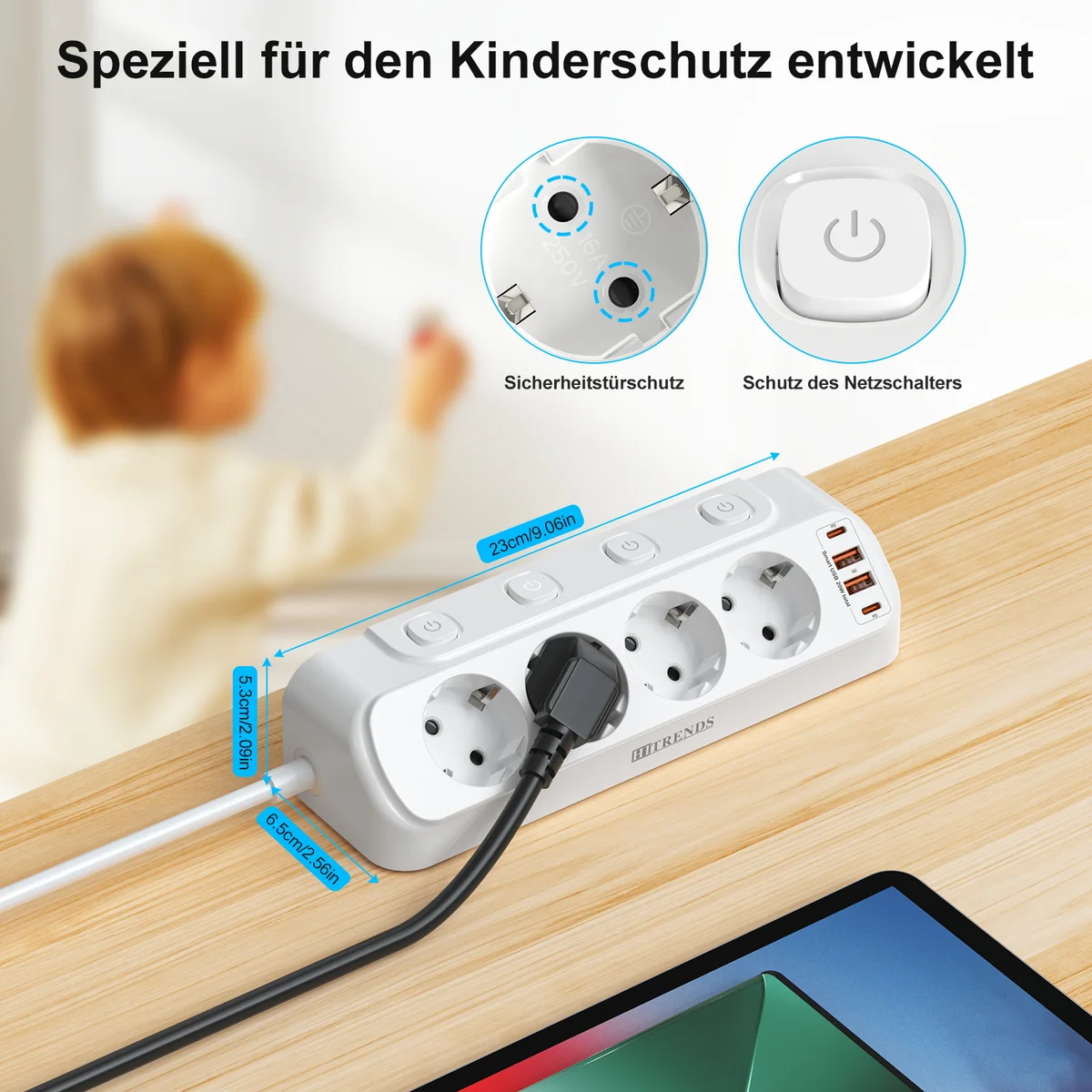 EU Plug Tabletop Power Strip USB Socket with 2 USB 2 Type-C Charge Port 2m Extension Cord 4 AC Outlets 4 Switch for Home Office — view 6