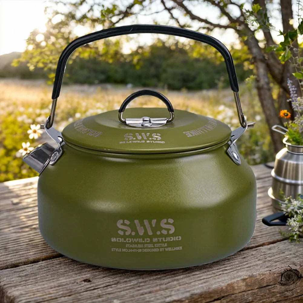 1L Outdoor Camping Kettle with Handle 304 Stainless Steel Water Kettle Lightweight Coffee Pot Tourist Cookware Supplies
