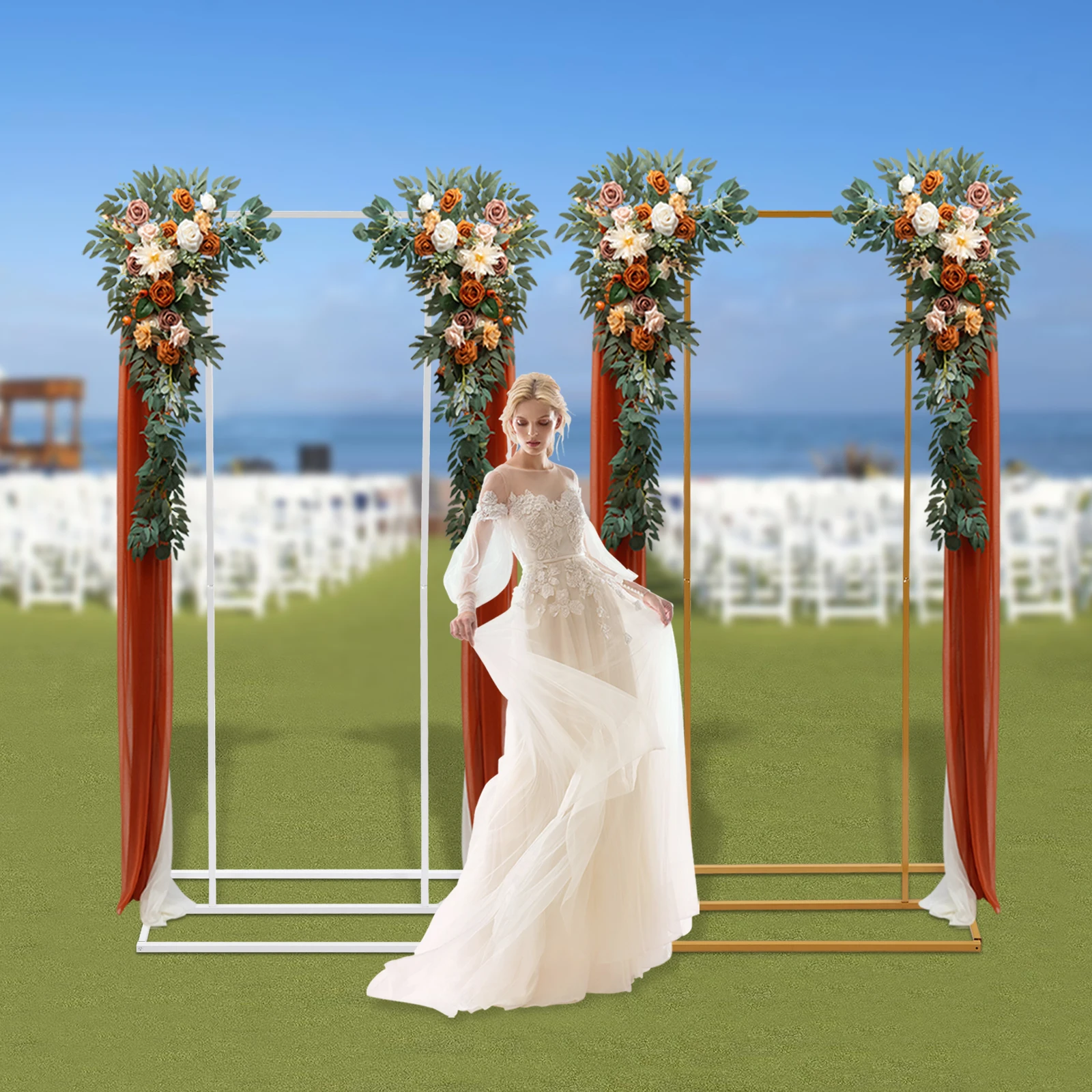 1m*2m Metal Wedding Backdrop Stand Heavy Duty Balloon Arched Frame Flower Display Rack for Birthday Party Decor Gold/White