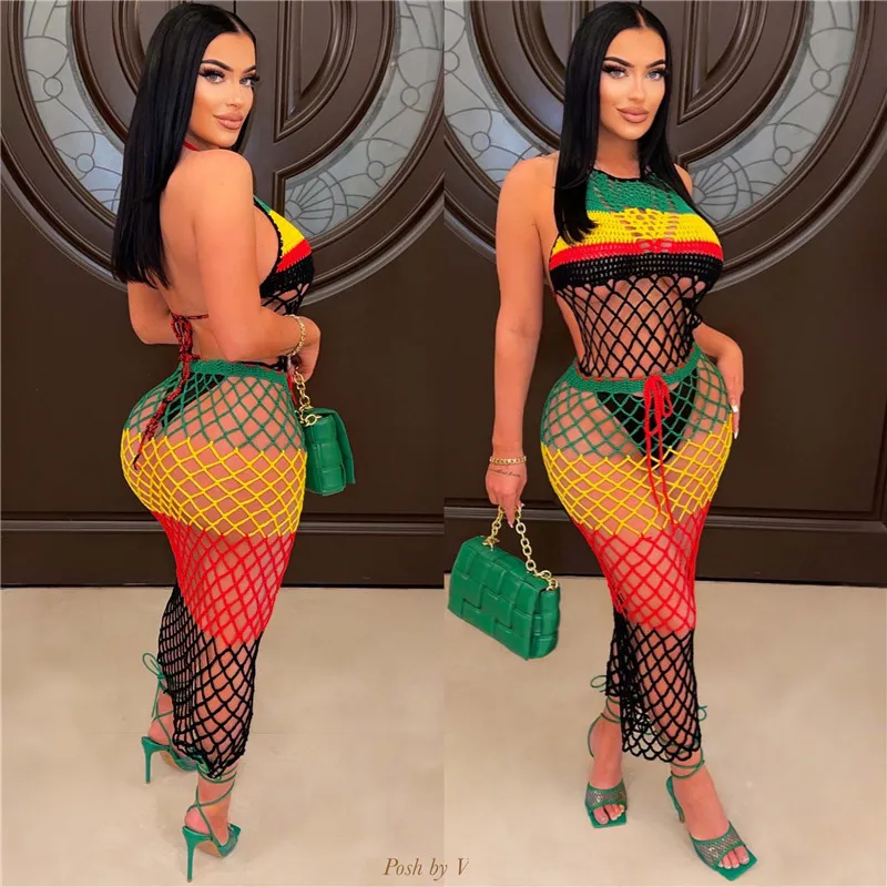 

Sexy Backless Knitted Crochet Maxi Dress HollowOut Patchwork Rainbow Striped Cover Ups Summer Holiday Beachwear Fishnet Outfits