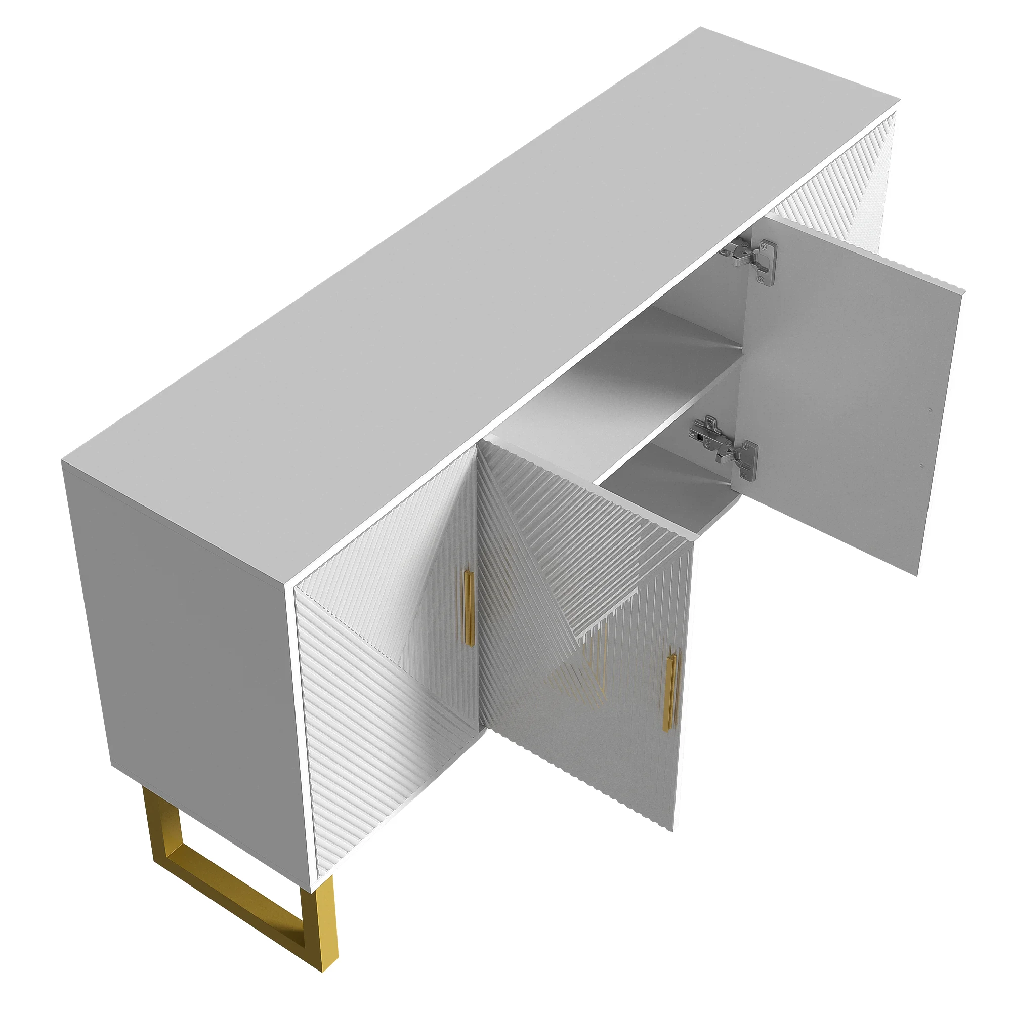 150 cm modernes, luxuriöses weißes Sideboard mit hochglänzenden, strukturierten Türen und goldenen Griffen, 4-türiges Design, höhenverstellbare Regale – Detail 11