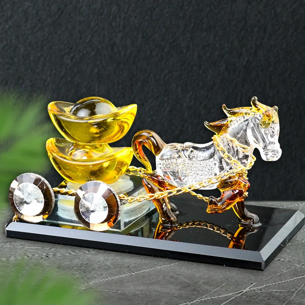 

K9 Crystal Laser Cutting Carving Steed Horse Carriage Ingots Gold Colored Glaze Crafts Ornament Fortune Feng Shui Mascot Decor