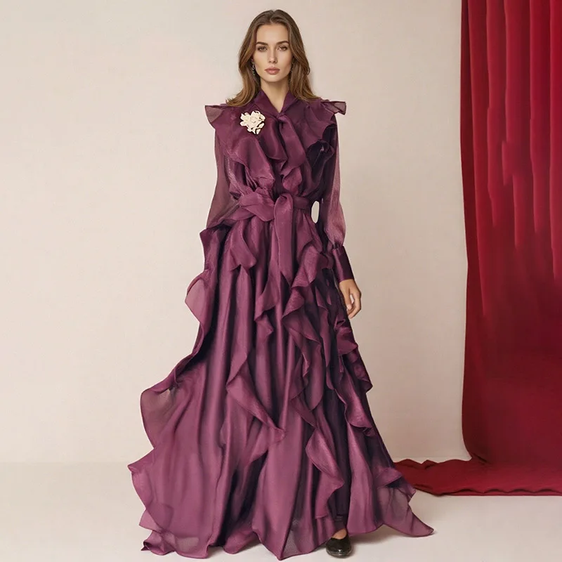 Damen Frühjahr 2026 Neuer Stil Rüschenkleid mit Bindegürtel Elegantes Einfarbiges Patchwork-Kleid Hochwertiges Langes Kleid