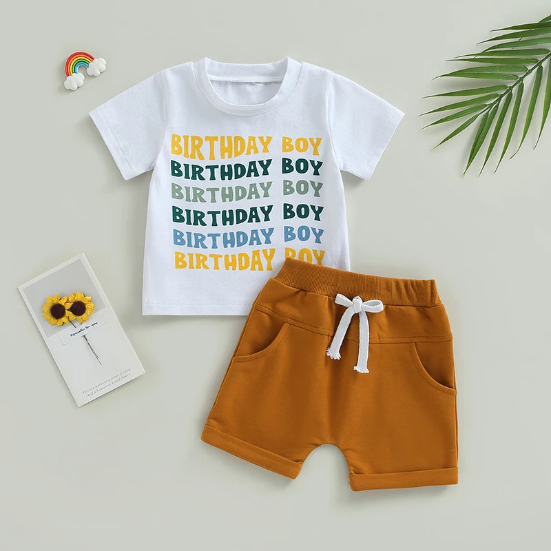 

Toddler Baby Boy Outfits 2Pcs Set Summer Letter Print Short Sleeve T Shirt Top with Elastic Shorts Cute Newborn Clothes