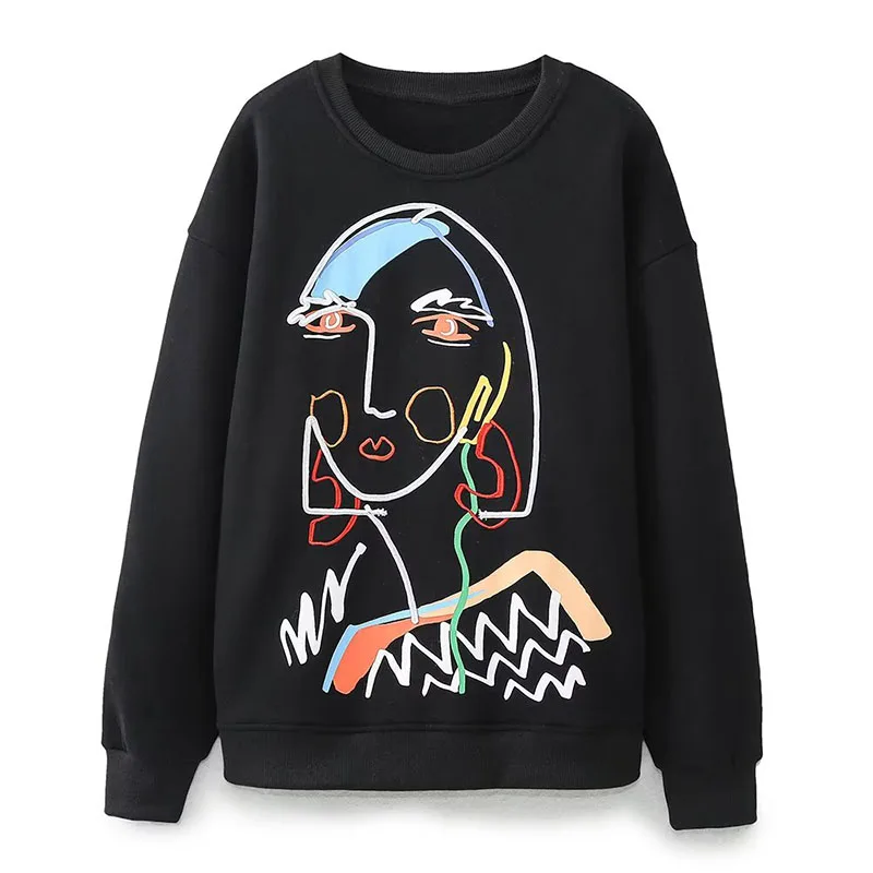 

ZATRHMBM Women 2023 Autumn New Fashion Abstract Girls Print Sweatshirts Vintage O-Neck Long Sleeves Black Female Pullovers Tops