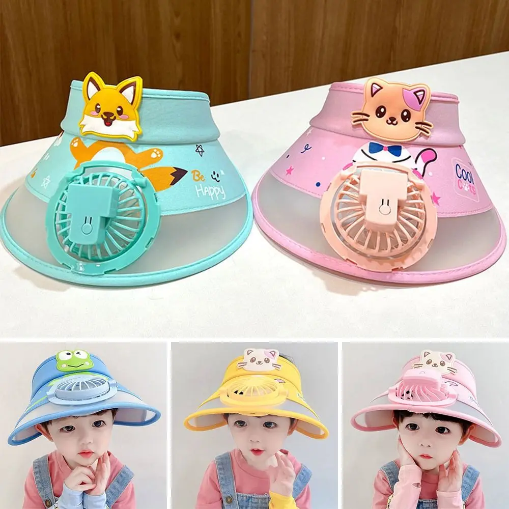 

With Fan Kids Sun Hat Portable Breathable Wide Brim Visor UV Protection Cartoon Cute Panama Cap Children