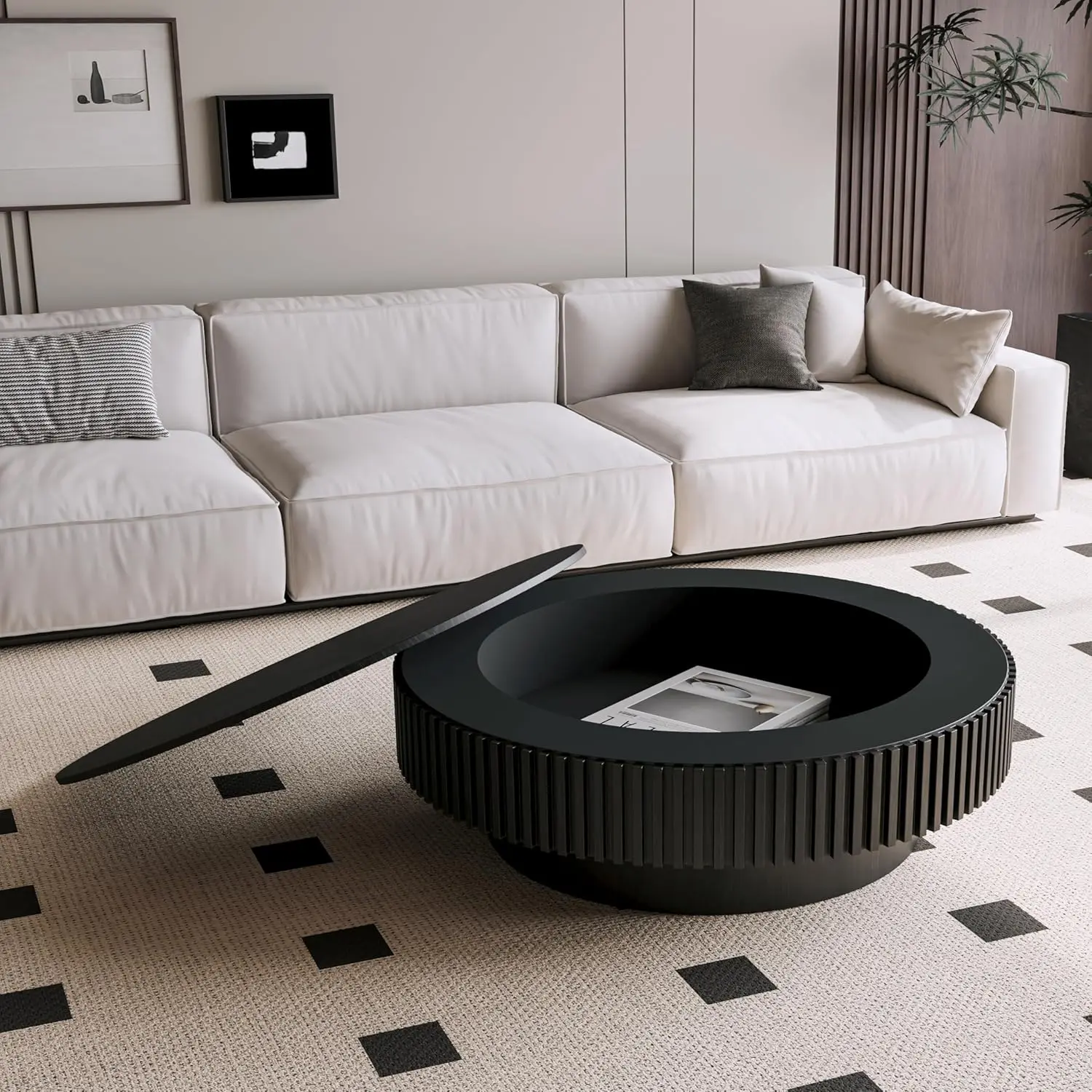 39'' Round Coffee with Storage, Modern Wooden Coffee Table with Solid Wood Veneered, Circle Center Accent Tea