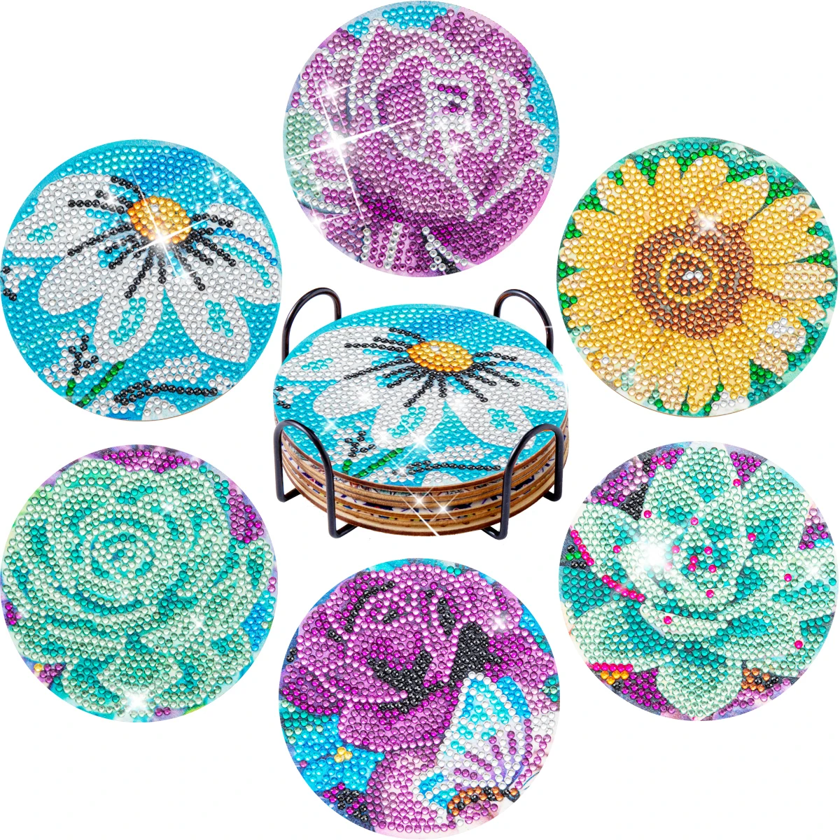 

6Pcs DIY Diamonds Painting Coaster Non-slip Flower Art Mosaic Cup Cushion with Rack Diamond Rhinestones Paintings Decor Gift
