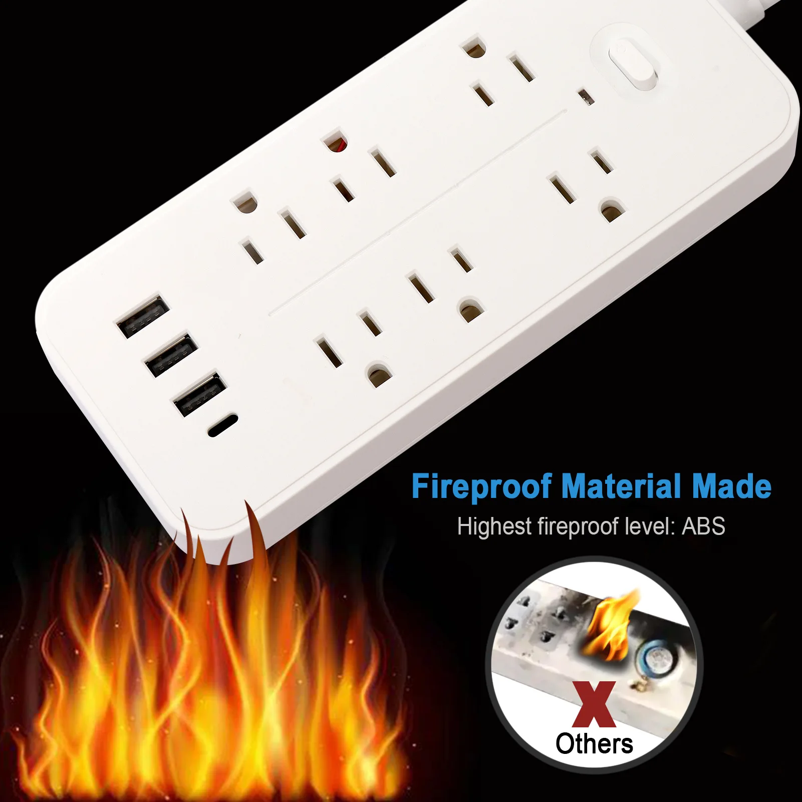 Description Picture 6 of itemUS Power Strip 6 AC Outlets 10A 110v 220v 3 USB Ports Sockets 1 TYPE-C Smart Patch Panel 2000w Black Power Surge Protection Plug