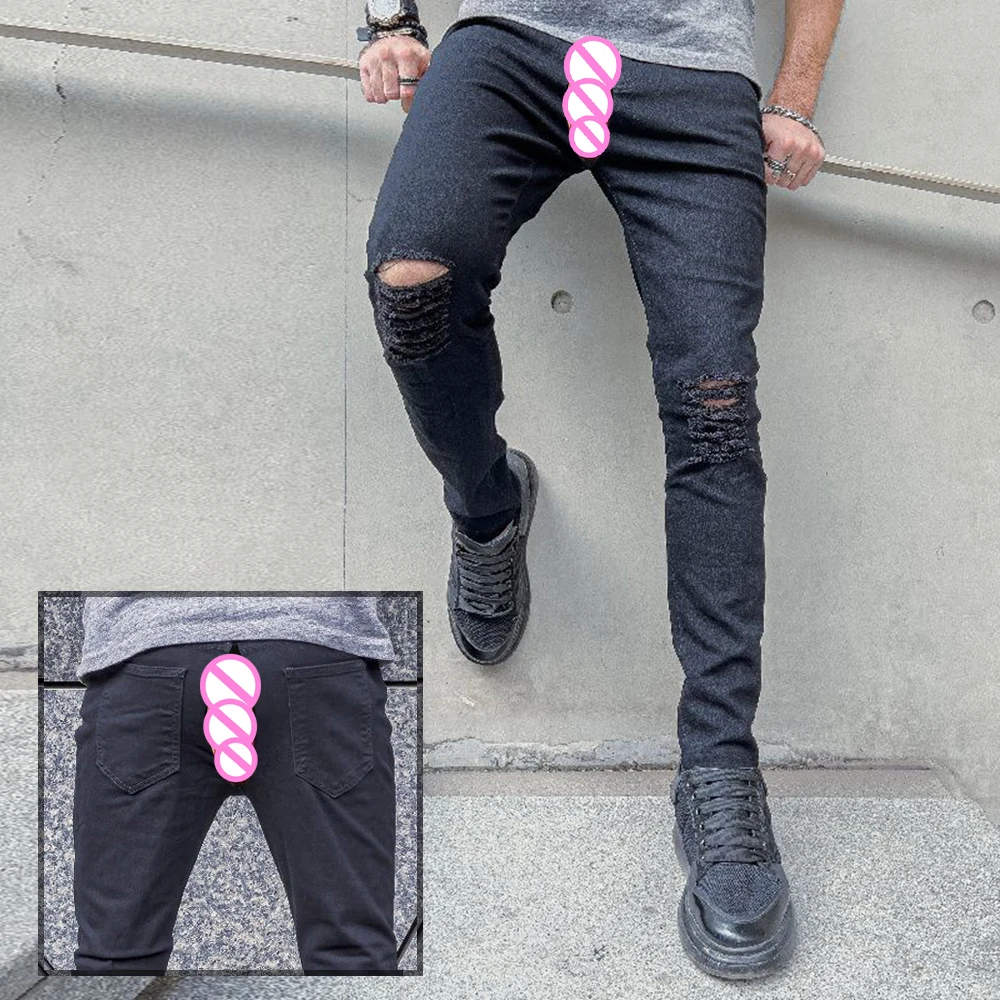 Men's Stretch Jeans Slim Fit Solid Color Invisible Open Crotch Outdoor Sex Ripped Tight Denim Casual Trousers Exotic Pants