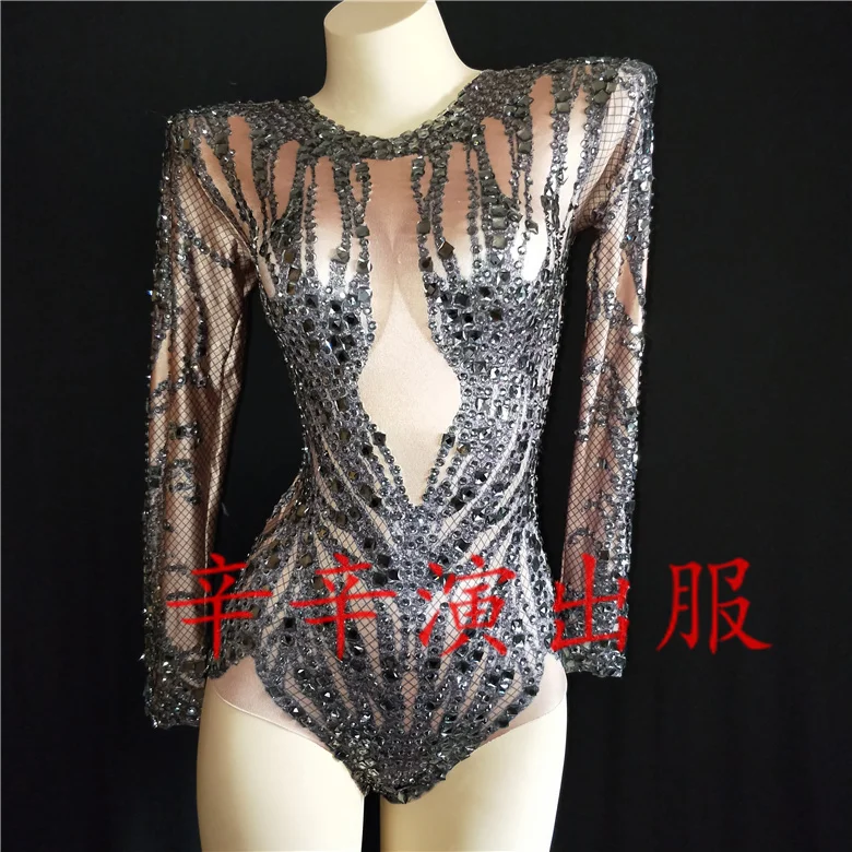 

rhinestone Long Sleeve One Piece Triangle High Fork Stage Costume