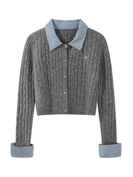 Womens Grey Cardigan Knitted Sweater Harajuku Aesthetic Y2k Long Sleeve Sweater Jumper Vintage Aesthetic Clothes 2026 New Shirt 1