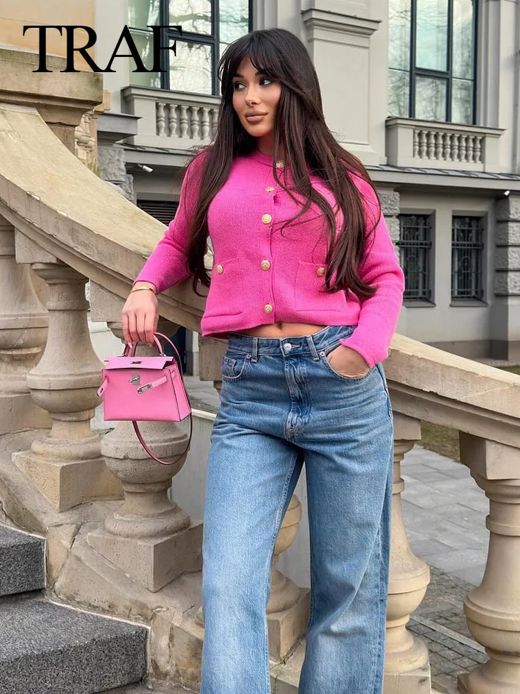 

TRAF 2024 Women's Round Neck Metal Button Short Long Sleeve Tops Spring Pink Knitted Cardigan Sweater Women's Elegant Chic Coat
