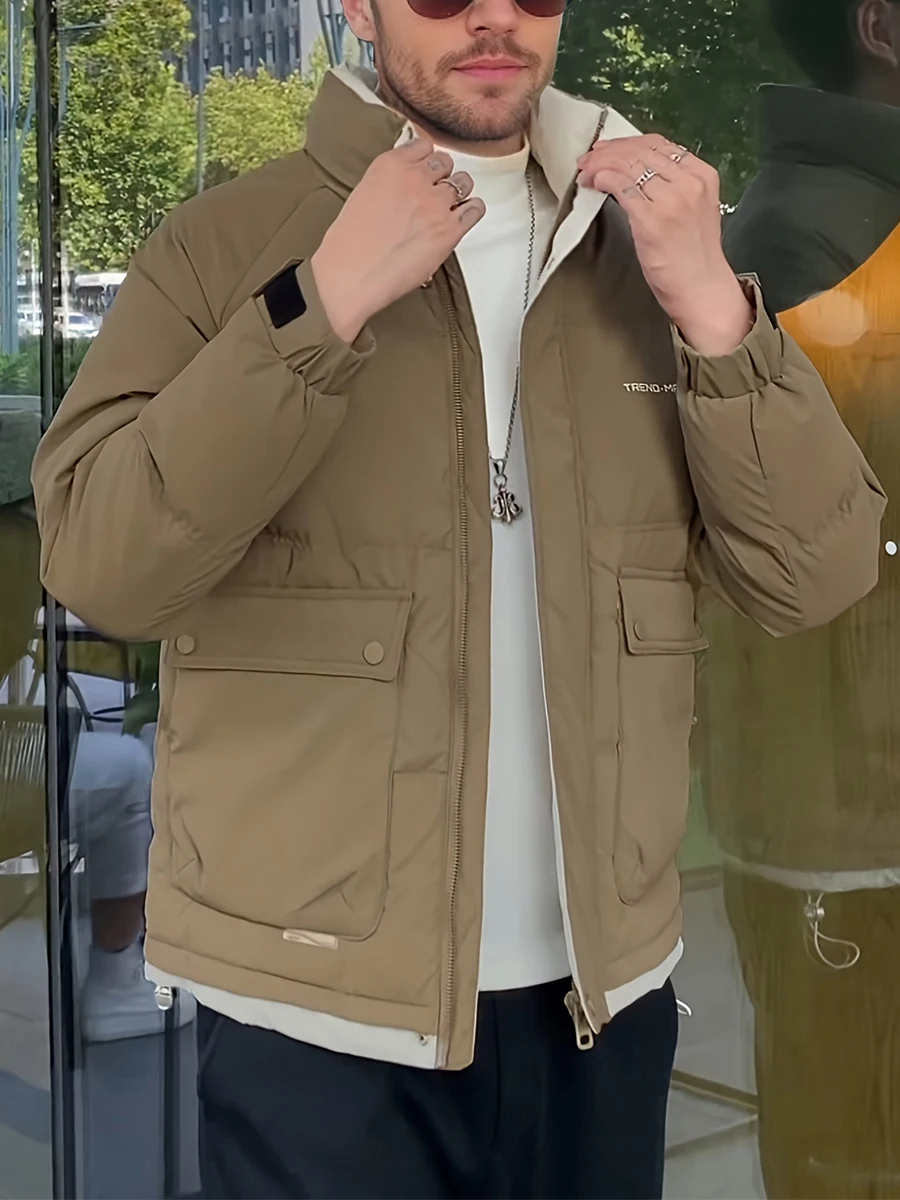 

Men's Casual Warm Down Jacket, Chic Flap Pocket Puffer Coat For Fall Winter